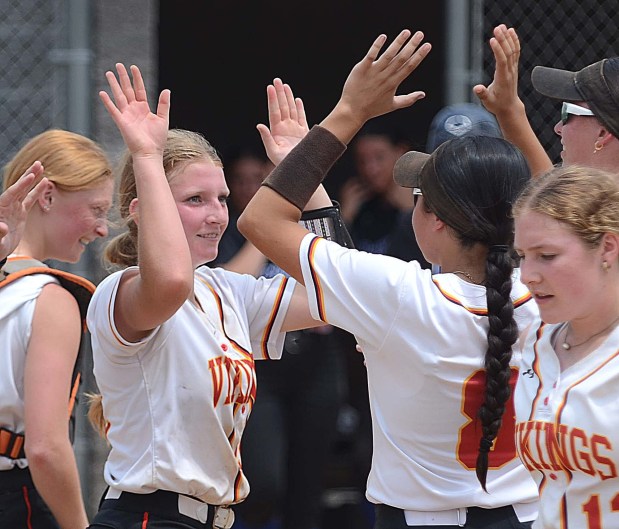 West Chester East pitcher Ava Ferri gives teammate (8) Madison Ellixson high fives after the Vikings defeated Springfield 6-3 in the quarterfinal round of the PIAA Class 5A playoffs Friday at Spring-Ford. (PETE BANNAN MEDIANEWS GROUP)