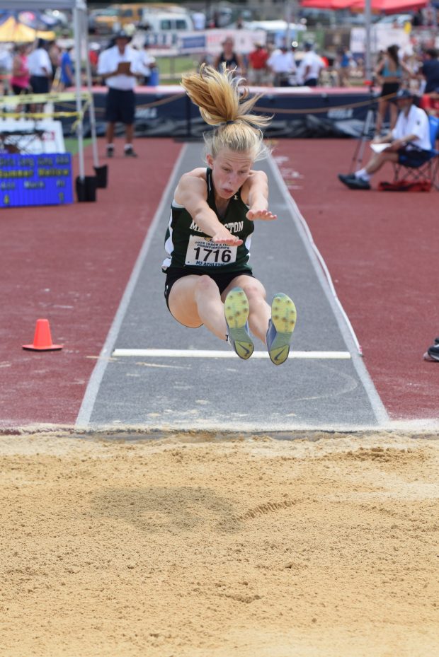 Methacton's Summer Mellow competes in the girls' long jump Saturday at the PIAA Track and Field Championships in Shippensburg University. (Austin Hertzog - MediaNews Group)