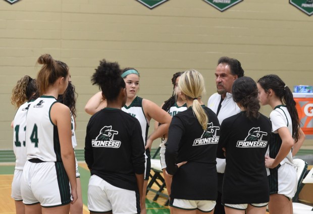 Dock coach Don Sobetsky talks to his team during a timeout against Kimberton Waldorf School at Dock Mennonite Academy on Monday, Dec. 4, 2023. (Christiaan DeFranco/MediaNews Group)