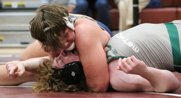 Spring-Ford's Daniel Borzillo, top, pins Methacton's Dylan Pachik in the 215-pound final at the PAC Wrestling Championships on Jan. 20 at Pottsgrove. (Courtesy Rick Martin)
