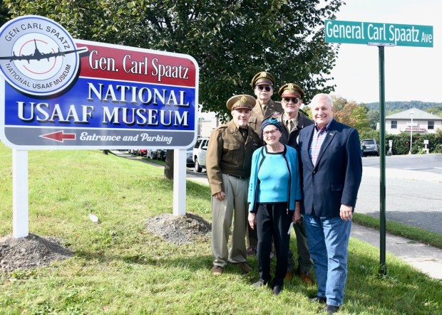 Boyertown Mayor Marianne Deery dedicates Warwick Street as General Carl Spaatz Avenue. Pictured: Chris Boswell (General Carl Spaatz reenactor), Museum board of directors member Vince Zinno; Col. Keith A Seiwell USMC, Ret.; Mayor Marianne Deery, and Berks County Commissioner Christian Y. Leinbach. (Photo by Jesi Yost MediaNews Group)