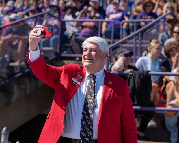 Alex Aghajanian, president and chairman of the Pasadena Tournament of Roses visits West Chester University. (SUBMITTED PHOTO/ERICA THOMPSON)