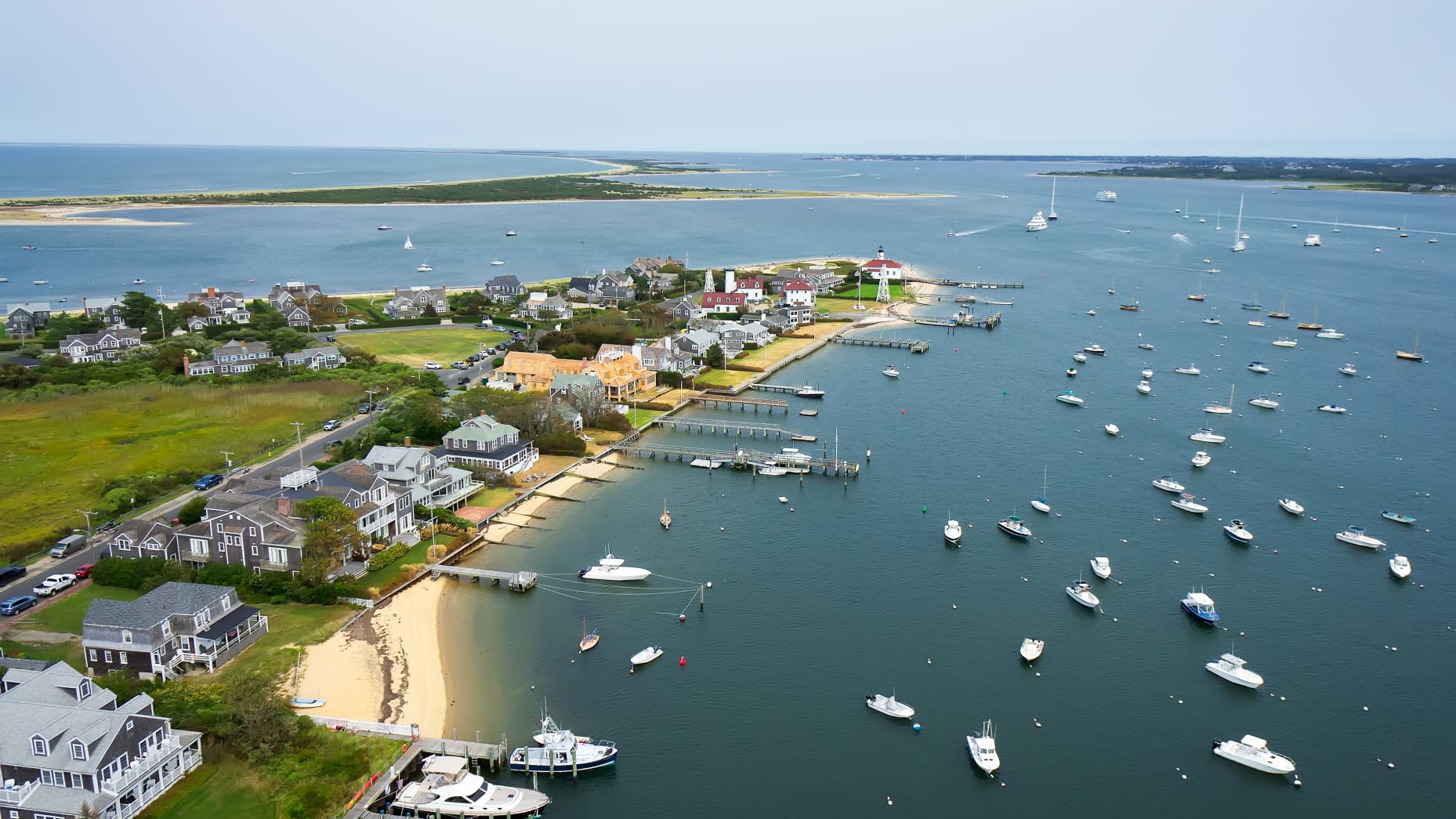 Kite aerial of Brant Point and harbor and Coatue, Nantucket, MA.