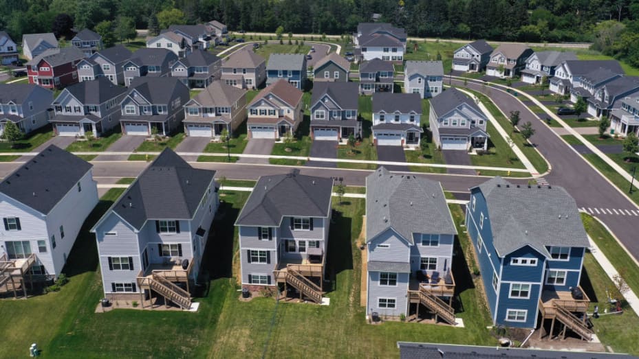 An aerial view shows a subdivision that has replaced the once rural landscape in Hawthorn Woods, Illinois.