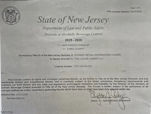 00 Liquor License for Sale, Maplewood Twp., NJ 07040