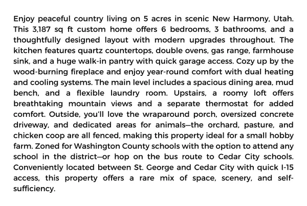 New Harmony, UT 84757,1716 S Old Highway 91